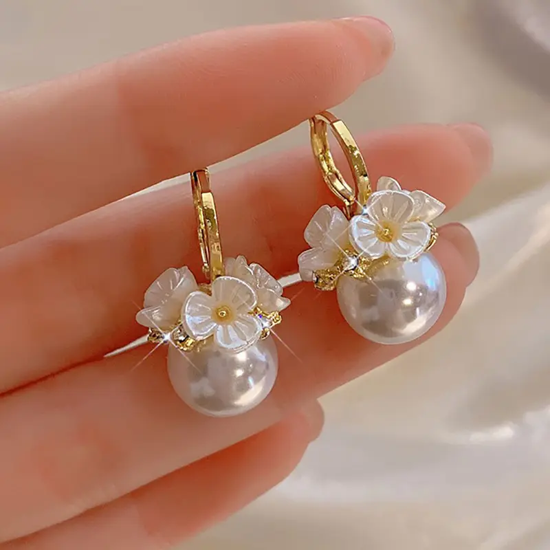 Fashion Earrings - Boho Alloy Flower Studs with Faux Pearl Embellished Dangles, Elegant Faux Pearl Jewelry for Daily Wear & Gifting, Fashion Earring