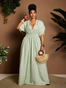Plus Size Striped Loose Long Dress, V Neck Tie Waist Design, Elegant Casual Wear, Women's Fashion Clothing, Womenswear, Casual Elegant Dresses