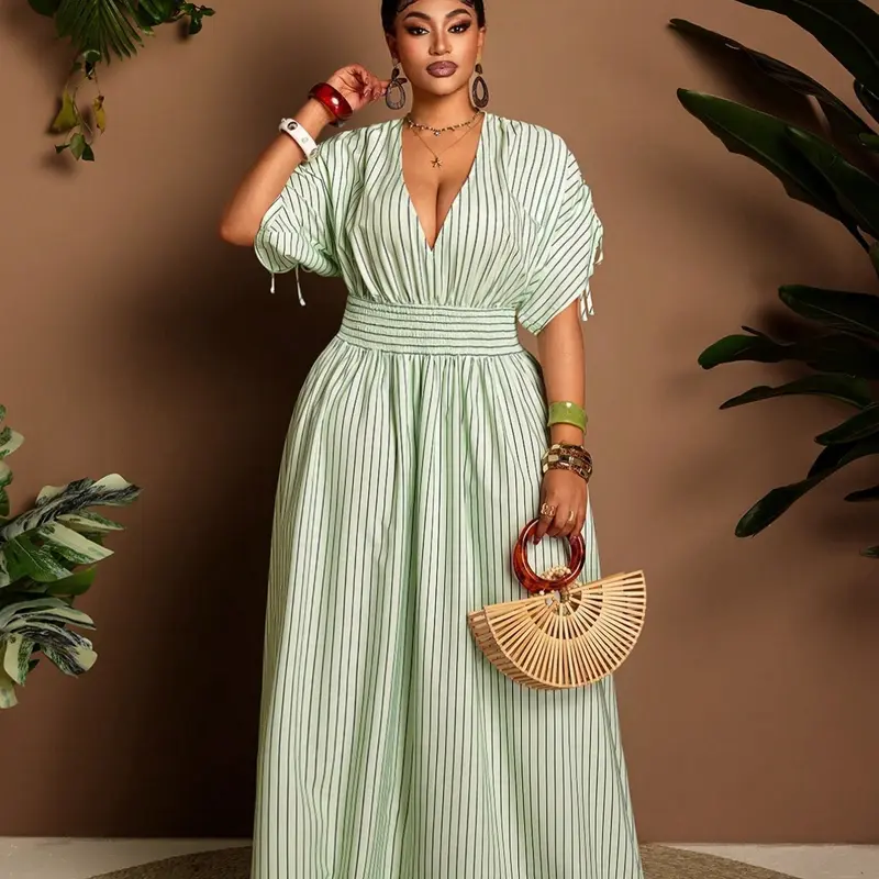 Plus Size Striped Loose Long Dress, V Neck Tie Waist Design, Elegant Casual Wear, Women's Fashion Clothing, Womenswear, Casual Elegant Dresses, Vneck Dress