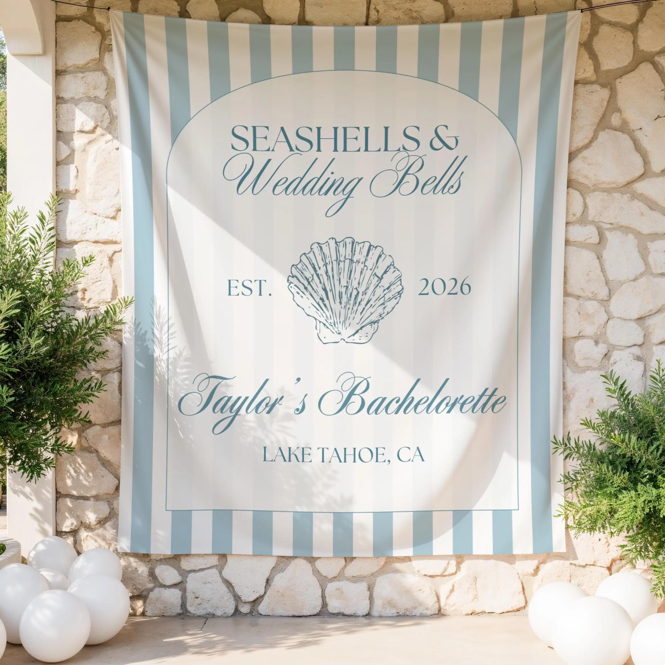 Seashells and Wedding Bells Bachelorette Wall Tapestry Banner Personalized Coast Backdrop Bridal Shower Custom Decor Keepsake Bach Hen Party