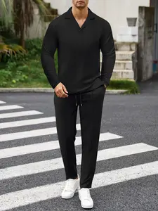 Men's Trendy Textured Solid Color Two-Piece Set, Long Sleeve V-Neck Reversible + Drawstring Pants Design, Casual Commute Light Business Men's Clothing