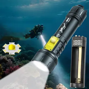 XHP70 professional diving flashlight, super bright USB rechargeable waterproof flashlight with battery indicator and battery charging compartment, IPX8 snorkeling safety dive light, suitable for diving, night snorkeling, outdoor, Diving Lamp