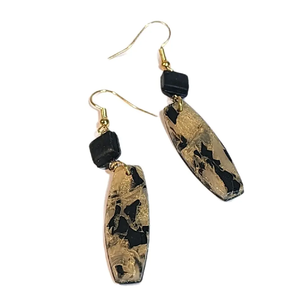 Dangly Gold and Black Polymer Clay Fishhook Earrings