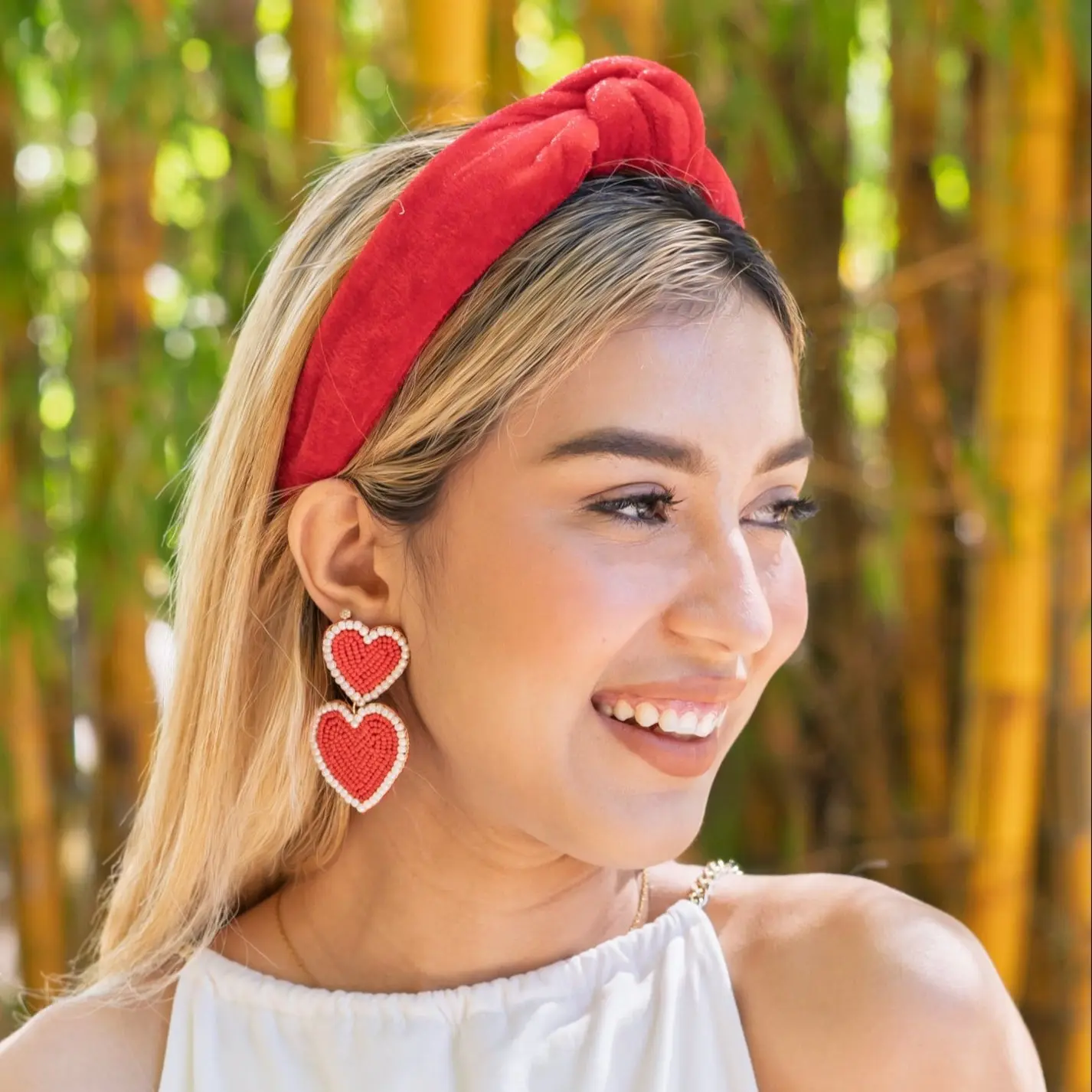 Double Red Hearts Beaded Earrings