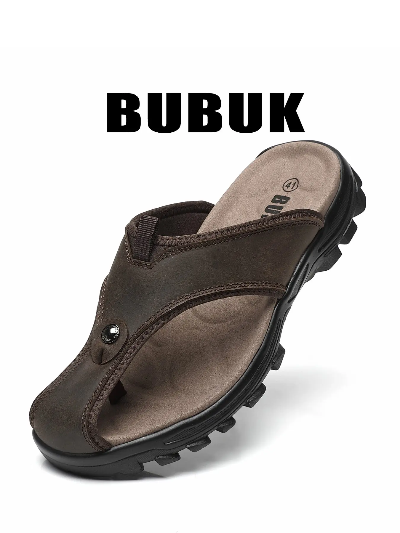 BUBUK Men's Genuine Leather Slip-On Sandals, Sliders Shoes, First Layer Cowhide, Lightweight Comfortable Outdoor Beach Slippers, Suitable for Work Travel