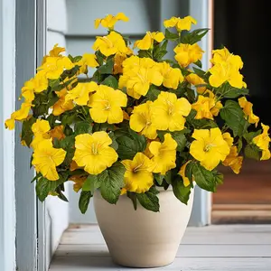 Artificial Fake Flowers for Outdoor,4 Pcs Yellow Faux Silk Petunias Spring Flowers for Outside for Indoor Porch Planter Front Door Garden Patio Window Box Home Decor