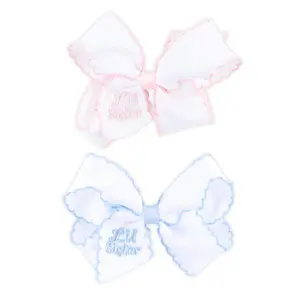 Lil Sister Embroidered Moonstitch Hair Bow - Girls Grosgrain Ribbon Hair Accessory for Baby Sisters