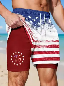 Men's Anti-Abrasion Double-Layer Lined Quick-Drying Beach Shorts, Vintage Distressed American Flag 76 Print 2-in-1 Swim Trunks, 250th Anniversary Independence Day Casual Sports Surfing Shorts, Summer Swim Trunks