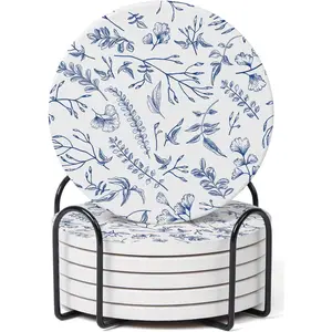 Set of 6 Floral Blue and White Coasters with Holder Absorbent Ceramic Drink Coasters with Cork Backing for Table Protection Coffee Table Décor