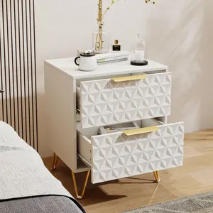 Set of 2 Nightstands,Bedside Table with 2 Drawers and Gold Legs,End Table with Geometric-Patterned Finish for Bedroom,Livingroom &Apartment