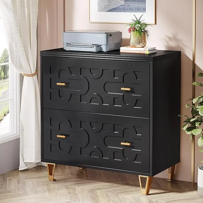 Tribesigns 2-Drawer Lateral File Cabinet, Modern Black Filing Cabinet for Legal/Letter/A4 Size, Large Storage Filing Cabinet Printer Stand for Home Office, Black and Gold Geometric Patterns