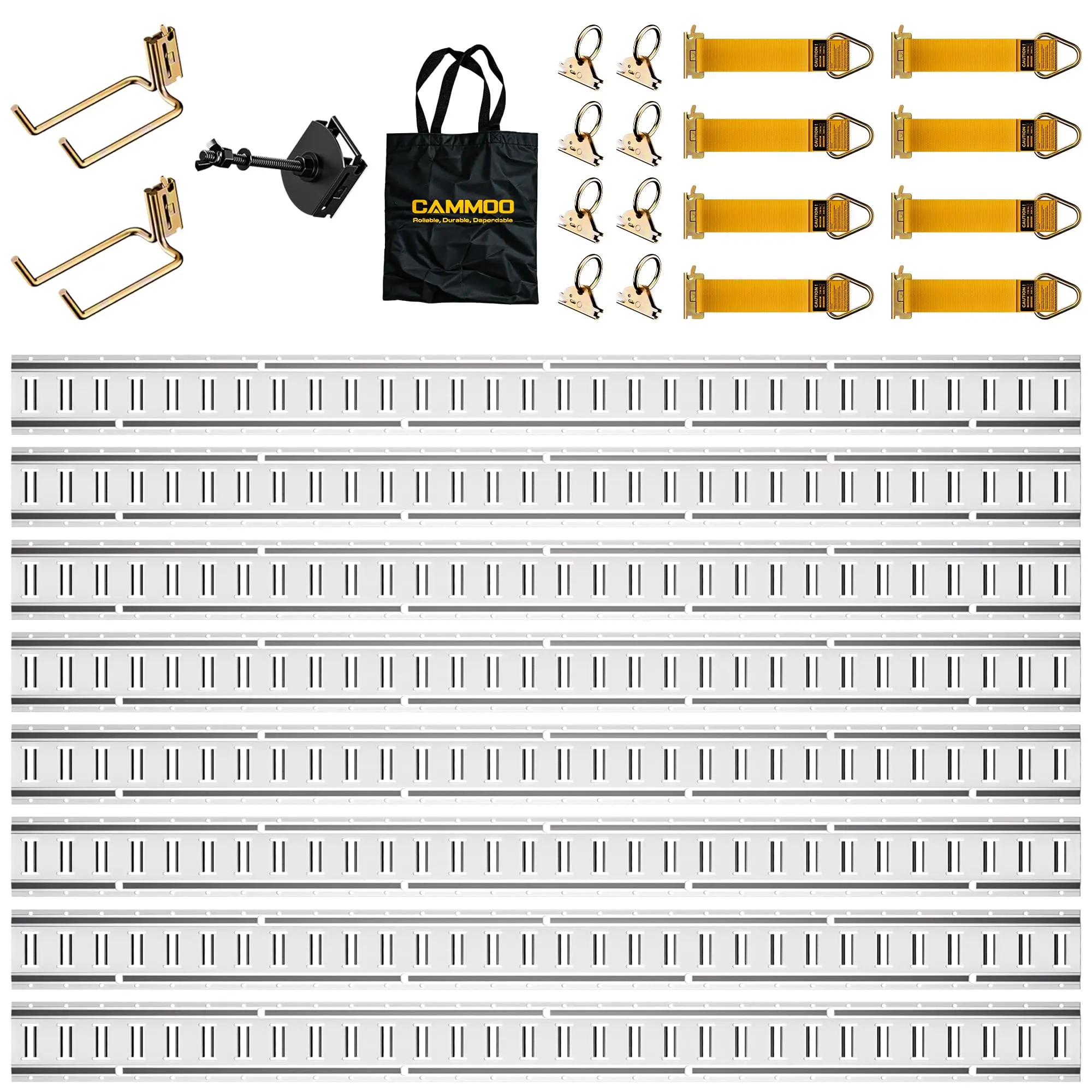 CAMMOO 5FT E-Track Rail Kit, Includes 8 Rails, 2 Double Hooks & 1 Tire Bracket, 8 O-Rings, 8 D-Rings with Tie Down, 1 Storage Bag, 2200lbs Load Capacity for Trailers, Trucks, Vans, Garage, Silver Industrial campingessentials, Heavy Duty familyfun