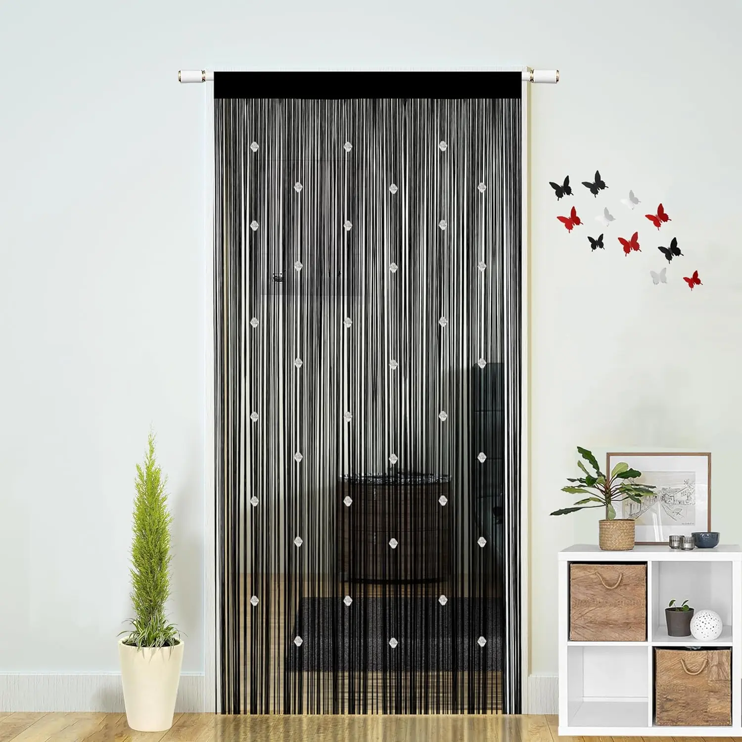 Beaded String Curtains - Light-Filtering Door/Window Divider for Wardrobes, Shops, Boho Bedrooms, Closets, Privacy Decor (Black, 39x79")