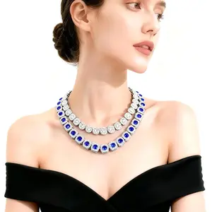 Alloy Necklace Square Ice Sugar Sapphire Cuban Necklace Light Luxury Style Personality Unisex Sugar Cube Collarbone Necklace