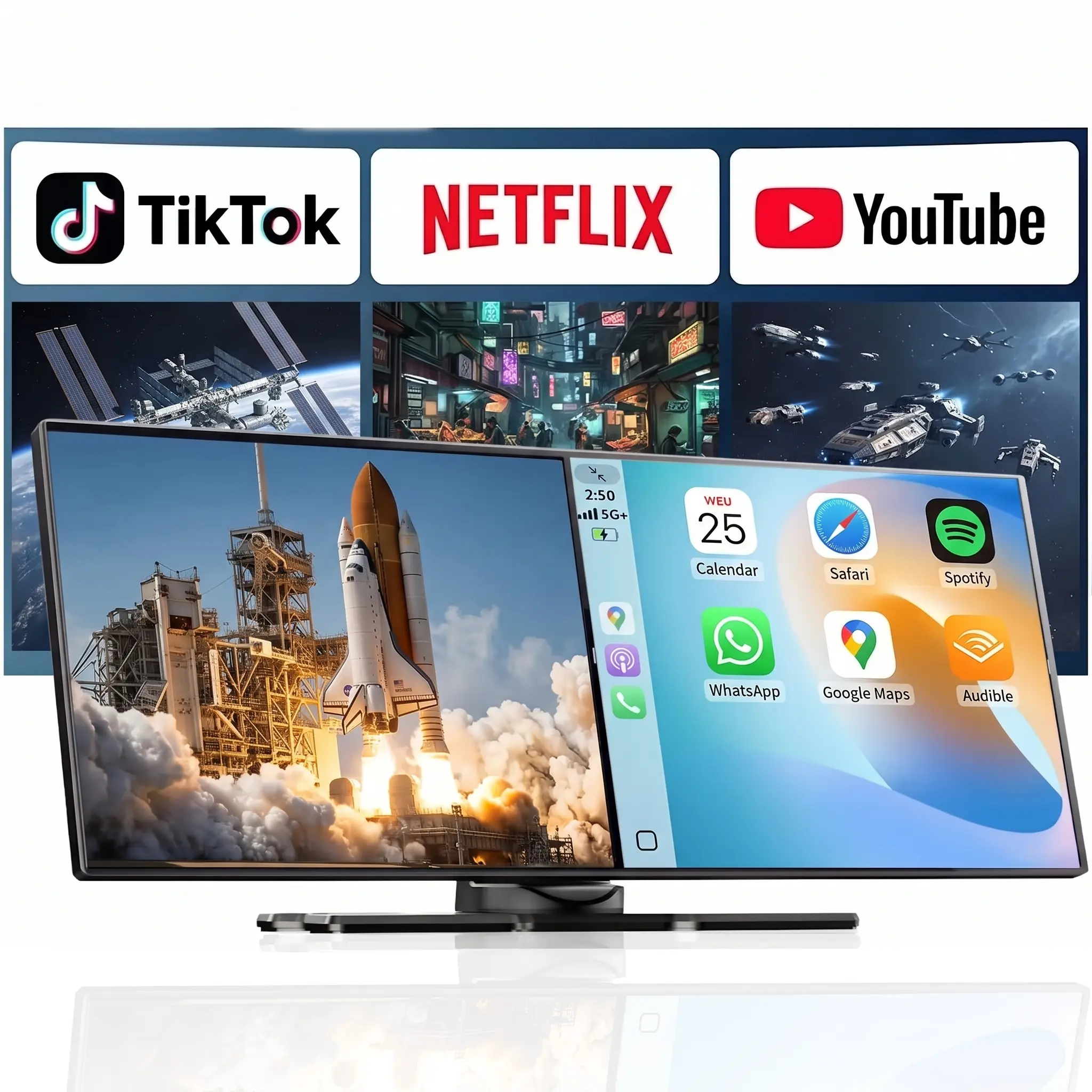 10.25-inch Wireless CarPlay Supports Netflix,TikTok,and YouTube Apps,supports split-screen mode; equipped with 1080P reversing camera, navigation, and voice assistant; compatible with iOS 10+ and Android 11+ devices.