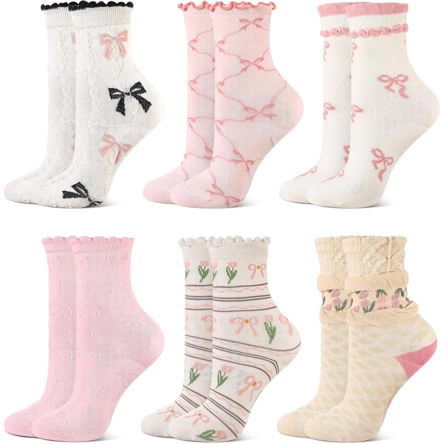 6 Coquette Bow Socks Women Cute Ruffle Ankle Mid Tube Flower Sock Lace Cottagecore Girly Coquette Aesthetic Clothes