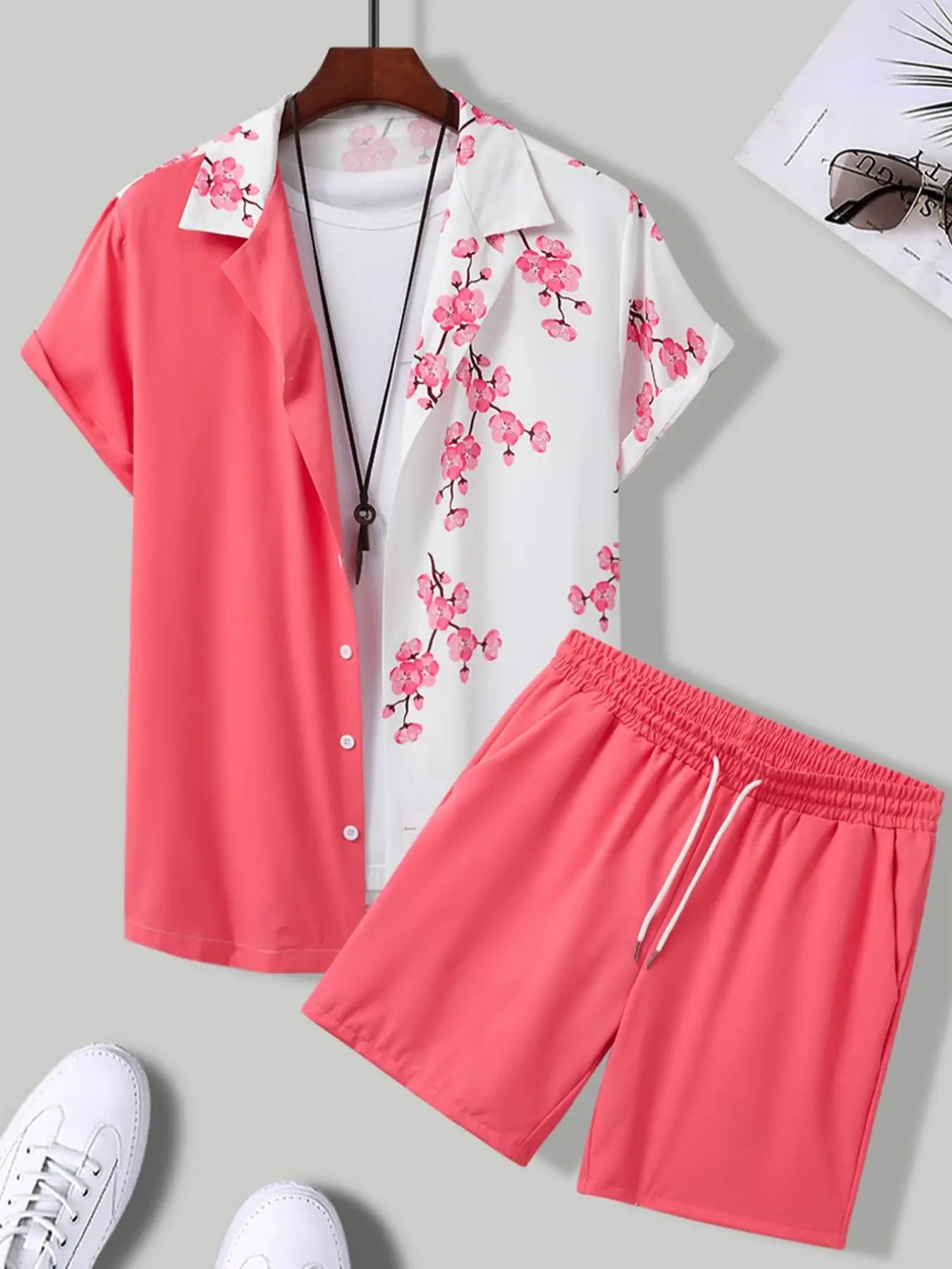 2 Counts Men's Colorblock Floral Print Button Front Shirt & Drawstring Waist Shorts Set, Regular Fit Casual Streetwear Collared Short Sleeve Top & Poc
