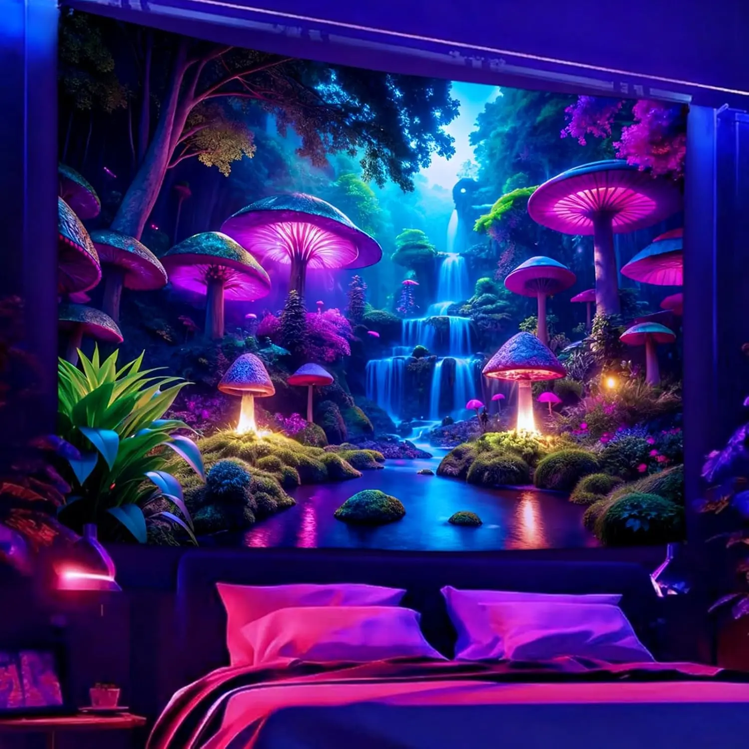 Miytal Synthetic UV Reactive Blacklight Fantasy Mushroom Waterfall Tapestry - Glow in the Dark Neon Forest Nature Art Wall Hang, Bedroom Decor, Indoor Home Decor - 51.2x59.1"