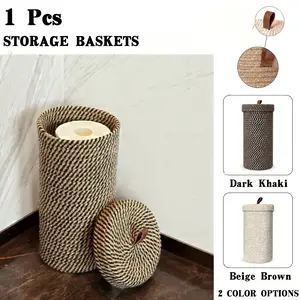 Handmade Woven Paper Roll Storage Basket, Cotton Linen Bathroom Floor Paper Holder, Boho Style, Holds 3 Rolls, Deep /mustard