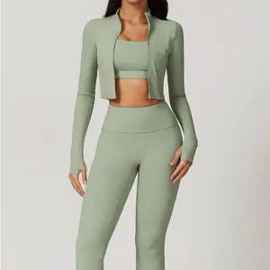 New Tight Yoga Suit Women's Cardigan Running Sports Suit Quick-Drying Fitness Suit Three-Piece Set in Sage Green