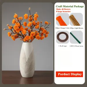 214-piece small persimmon-shaped pom-pom bouquet set, including 200 pom-poms, 1 roll of brown tape, and 13 flower stems, suitable for Mother's Day, graduation ceremonies, home decoration, and holiday gifts, light brown (not finished product)