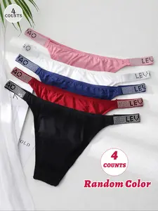 4 Pcs Random Color Thongs for Women Sexy Fit Sparkly Panties Letter Rhinestones Knickers Stretch Underwear Multipacks S-XL
