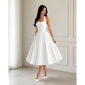 Women’s Elegant Halter Corset Midi Dress, Pleated A-Line Cocktail Wedding Guest Dress