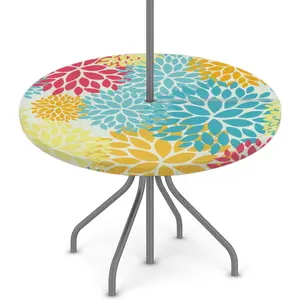 Abstract Colorful Flower Round Tablecloth,Outdoor and Indoor Round Tablecloth with Umbrella Hole and Zipper, Fits 36"-44" Round Tables