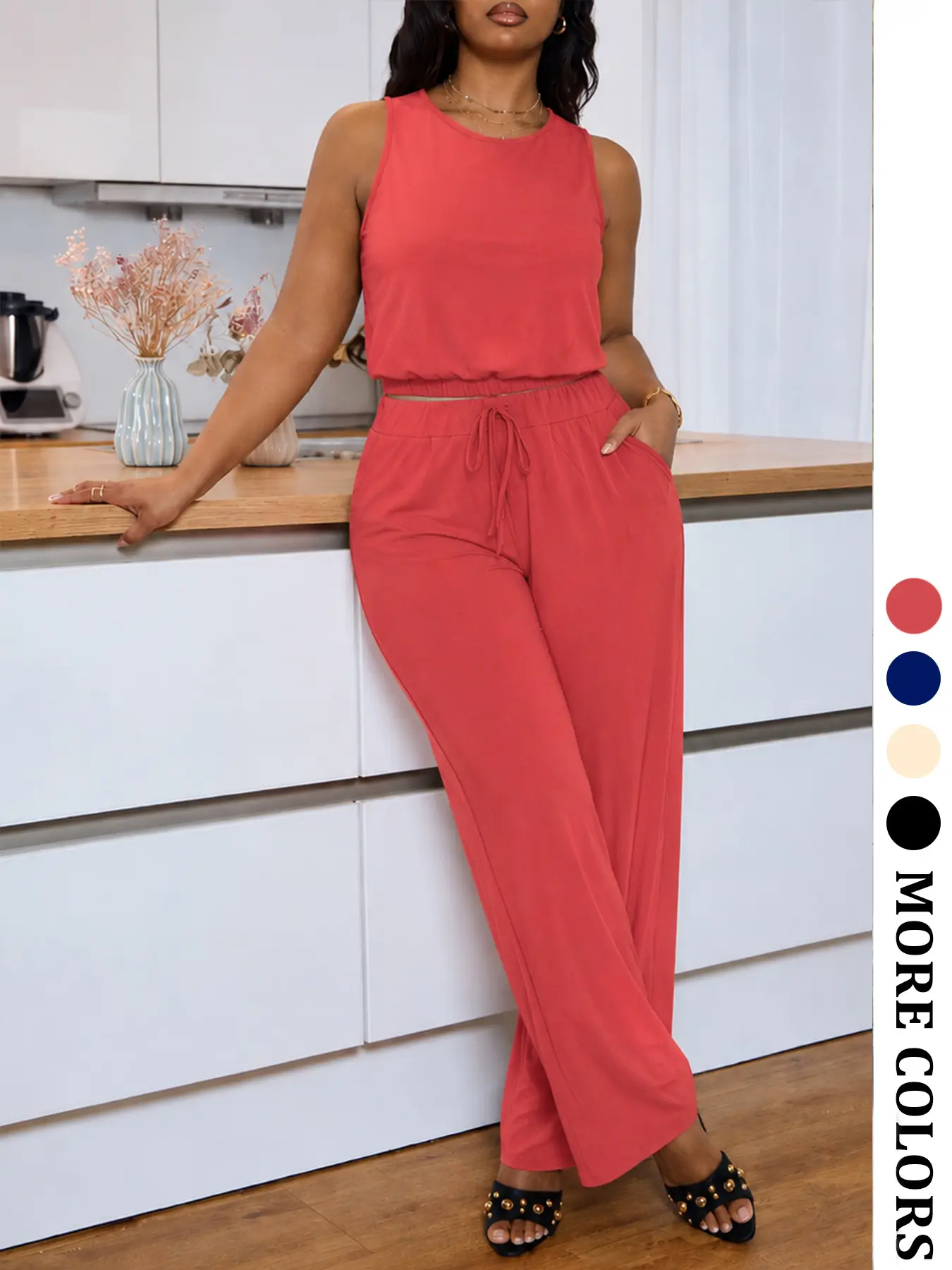 Women Summer 2 Piece Set, Sleeveless Crop Top and Wide Leg Tie Waist Pants with Pockets, Casual Matching Outfit for Travel, Beach, Weekend – Multi-Color Options