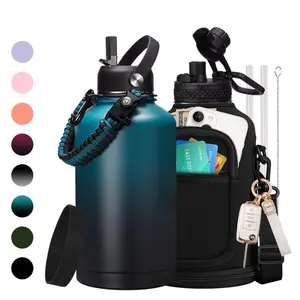 Half Gallon Vacuum Flask Water Bottle - 32/40/64/128oz Stainless Steel Insulated Water Bottle, Big Water Jug with Straw & Spout Lid, Paracord Handle, Carrier Bag