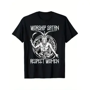 Unisex Menswear Round Neck Short Sleeve Print T-Shirt - Worship Satan Respect Women Slogan, Baphomet Pentagram Gothic Occult Symbolism, Feminist Statement Apparel, Streetwear Casual Gym Wear, Machine Washable