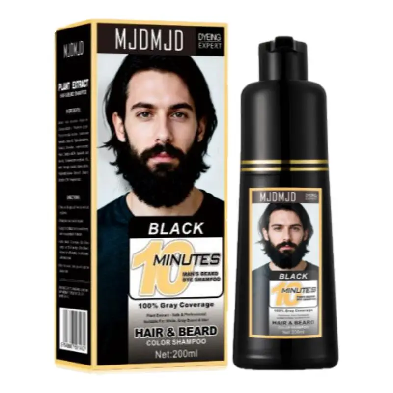 Men's Hair & Beard Color Shampoo Natural Black Plant Extract Formula 10-Min Easy Dye 200ml Gentle Long-Lasting No Ammonia,3 in 1 Hair Dye Shampoo