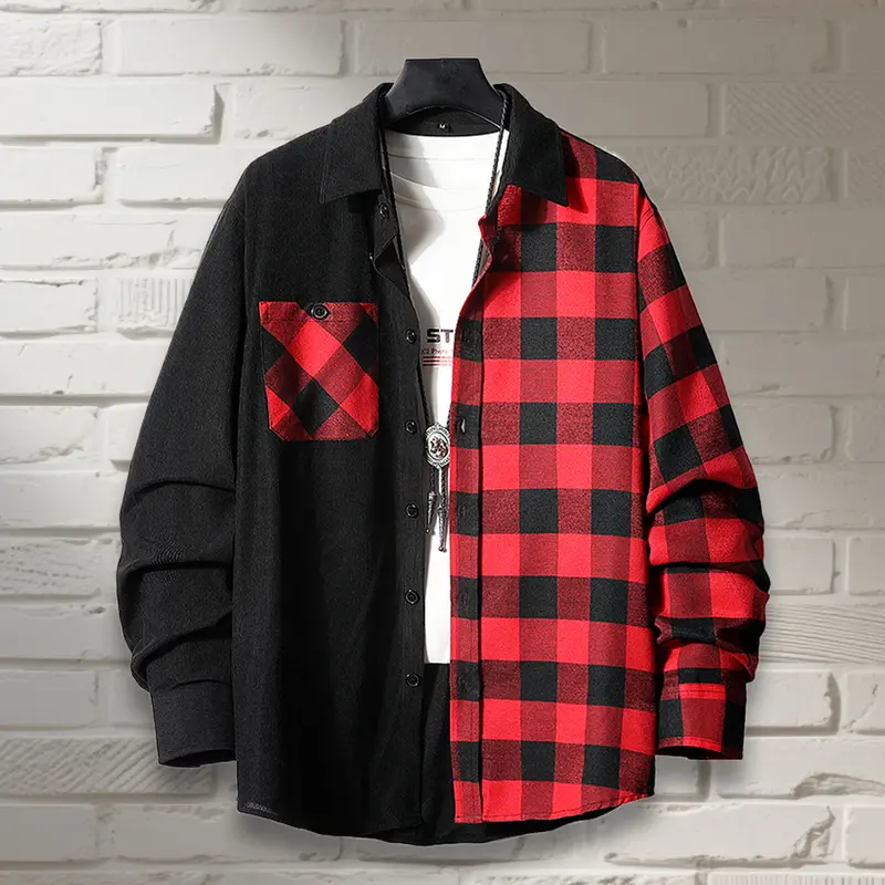 Men's Four Seasons Daily Casual Fashion Versatile New Corduroy Plaid Long Sleeve Lapel Shirt