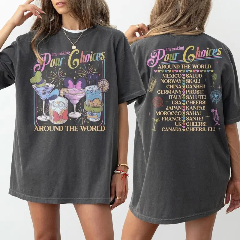Youth & Adult Retro I’m Making Pour Choices Around The World Shirt, Epcot Drinking Graphic Tee, Theme Park World Tour Fan Top, Matching Family Vacation Gift
