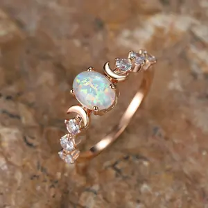 New Retro Oval White Opal Moon Ring European American Retro Light Luxury Four-Claw Socialite Style Diamond-Studded Hand Jewelry