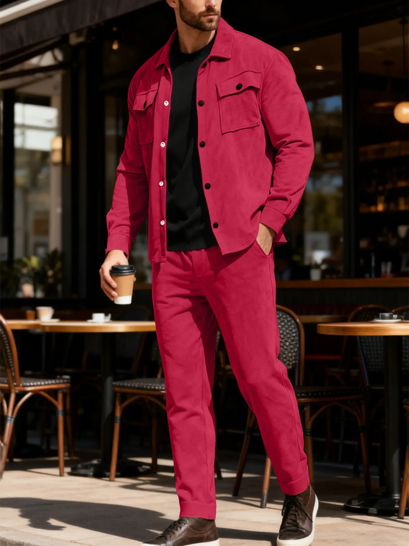 Two-piece men's Fitted Minimalist classic solid color pocket button front placket shirt with the same color drawstring waistband long pants, casual long sleeve collar top and suit Set Outfit, autumn and winter men's Plain clothing.