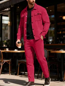 Two-piece men's Fitted solid color pocket button front placket shirt with the same color drawstring waistband long pants, casual long sleeve collar top and suit, autumn and winter men's Plain clothing.