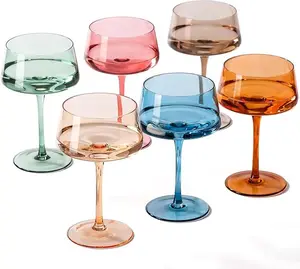 Hand Blown Colored Coupe Glasses Set of 6-13oz large Crystal Martini, Cocktail & Champagne Glasses -Cute & Colorful Cocktail Glassware-Perfect for Bar, Cocktails, Martinis-Wedding Gifts