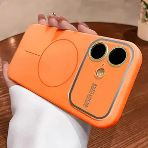 Magnetic Silicone for iPhone 16 with Camera Lens Protector,Compatible with Magsafe,Smooth Shockproof Anti-Scratch,Microfiber Lining Inside Phone Case-Orange