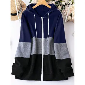 Plus Size Women's Hooded Sweatshirt, Colorblock Casual Comfortable Loose Fit, Lazy Style Pullover for Daily Wear