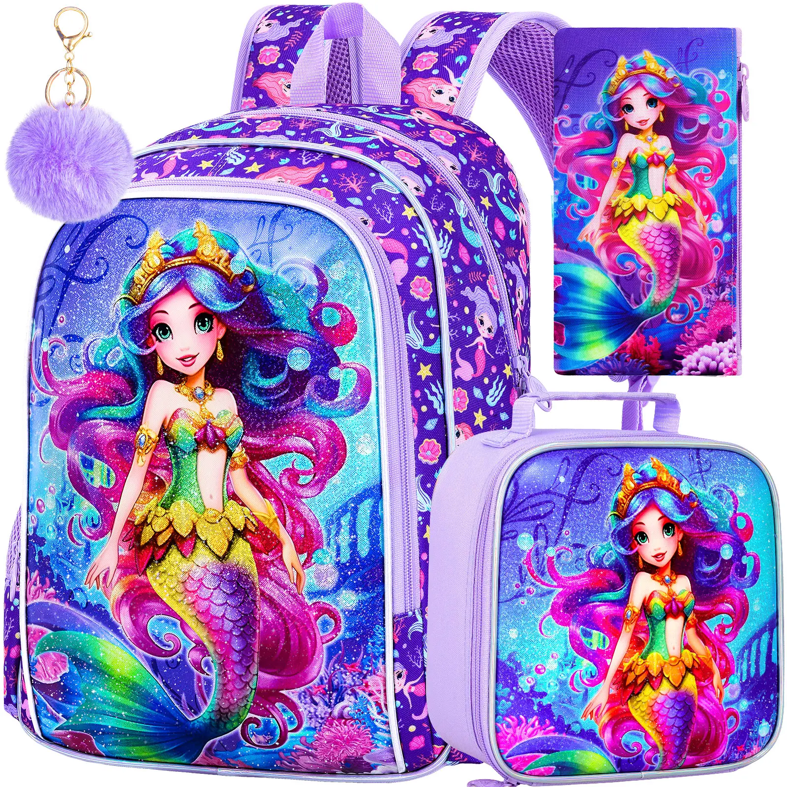 3PCS Kids Backpack for Girls, 16”Mermaid Sequin Preschool Bookbag Set, Cute Water Resistant School Bag for Elementary Kindergarten Toddler