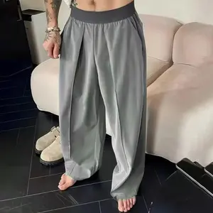Men's High-Waisted Gray Wide Leg Pants - Aesthetic, Comfy, Contemporary, Loose, Non-Transparent, Wrinkle-Resistant, Smooth-Drape Fabric, Elastic Waistband with Pleats, Relaxed Silhouette, Versatile for Streetwear & Smart Casual All-Season Styling, Aesthet
