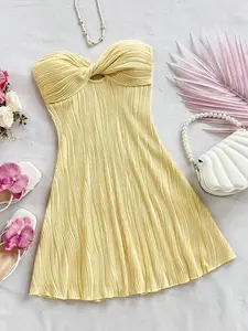 VRONA Yellow Wavy Texture Bandeau Twist Cinched Midriff A Shape Tunic Festival Garment Coastal Cowgirl