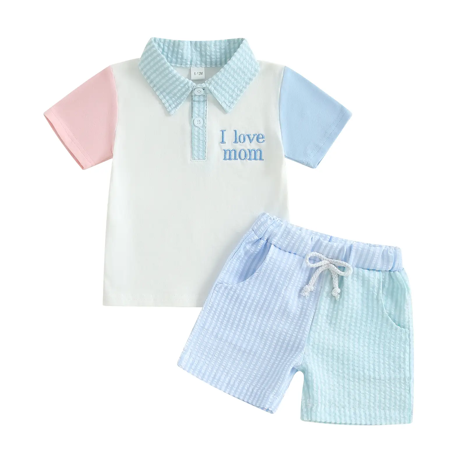 Toddler Baby Boy I Love Mom Outfit Summer Short Sleeve Polo T Shirt Tops Elastic Waist Striped Shorts Two Piece Casual Tracksuit