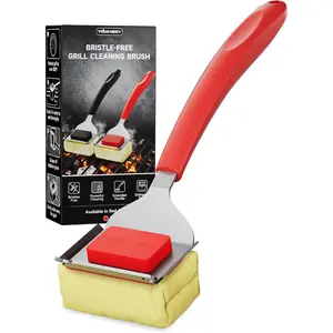 Bristle Free Grill Brush with Scraper for Outdoor Grill Cleaning, Safe Steam BBQ Grill Cleaner, Replaceable Head, Grilling Accessories for Cast Iron, Stainless Steel, Porcelain, Ceramic Grates - Red