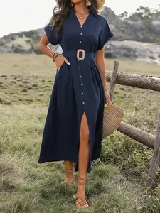 Button Front V-Neck Batwing Sleeve Dress
