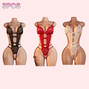 3Pcs Floral Lace Babydoll Bodysuit Set for Women Available in Bright