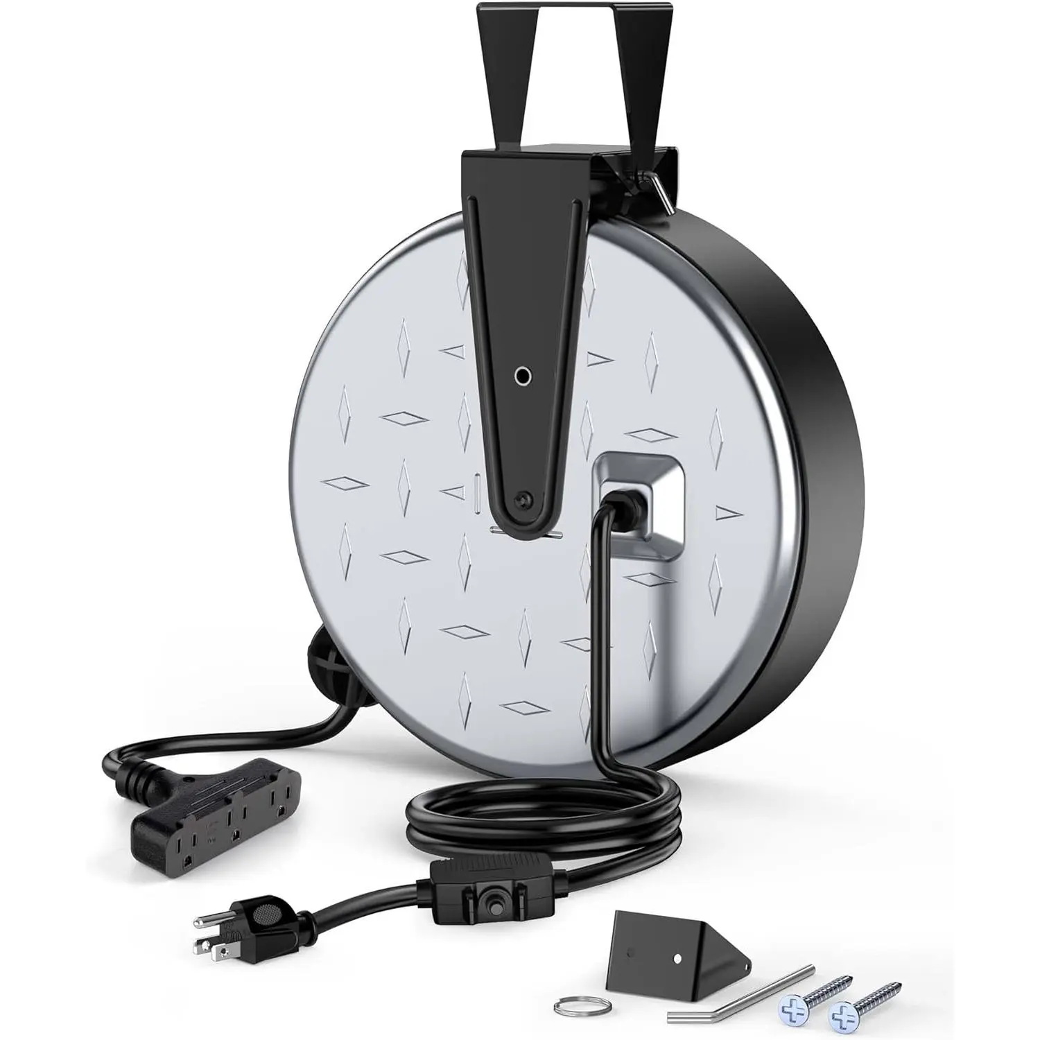 Metal Extension Cord Reel,30FT Retractable Extension Cord, 16AWG/3C SJTW Power Cord, 3 Electrical Outlets, 10A Circuit Breaker, Wall or Ceiling Mountable for Workshop, Garage, UL Listed