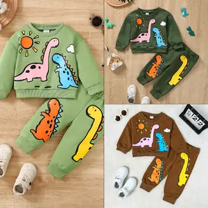 Ready Stock Fall Winter Outfits For 6m-3y Baby Boys Dinosaur Print Long Sleeve Pullover Tops and Matching Pants 12405101