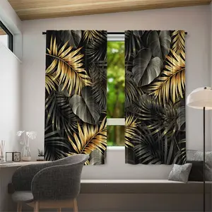 2pcs black and gold tropical leaf pattern Print Curtains, High Definition Digital Print, Semi-Transparent Polyester, Washable, Bedroom and Living Room Decor, Window Curtain